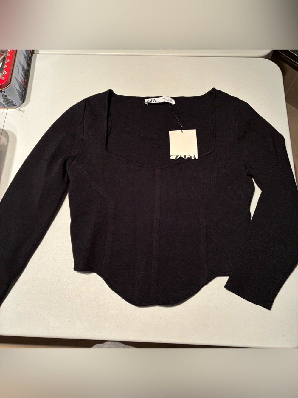NWT Zara Cropped Corset Inspired Knit Top in Black Size Small - Picture 3 of 8